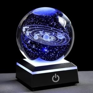 SC 3D Laser‑Etched Solar System Crystal Sphere – 80 mm with Touch LED Light Base