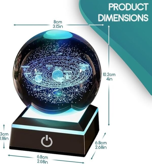 SC 3D Laser‑Etched Solar System Crystal Sphere – 80 mm with Touch LED Light Base - Image 8